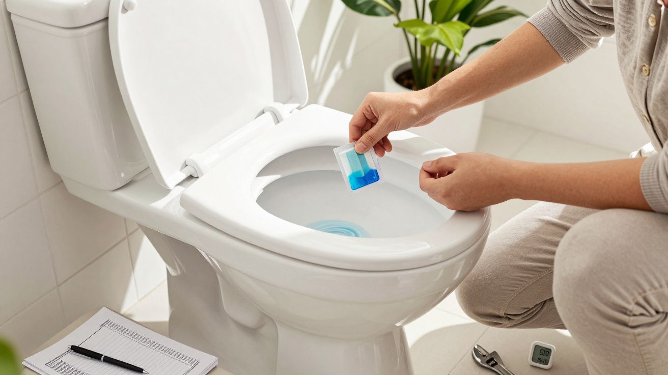 Person legt blauen WC-Reiniger in Toilette ein. Daneben liegen ein Notizbuch und eine Fernbedienung. Pflanze im Hintergrund.