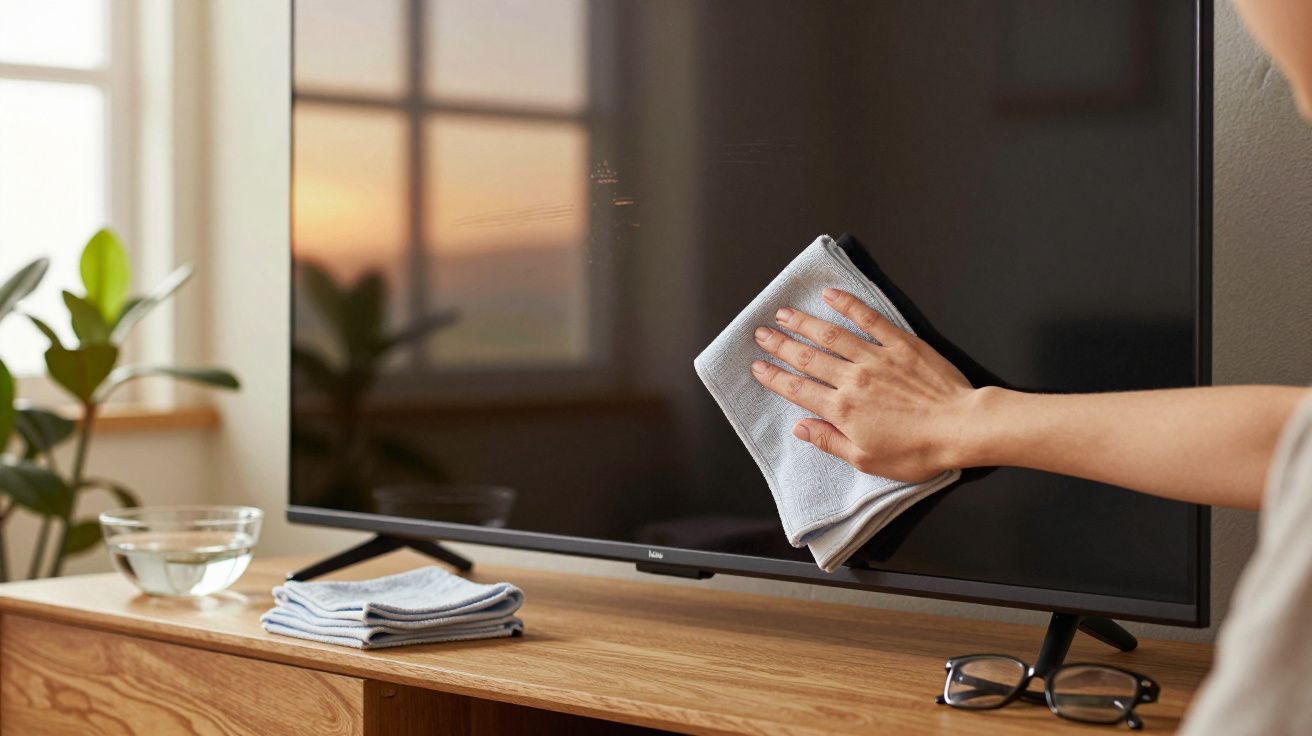 Hand reinigt Fernsehbildschirm mit Tuch, neben Glas Wasser und Brille auf Holzoberfläche.