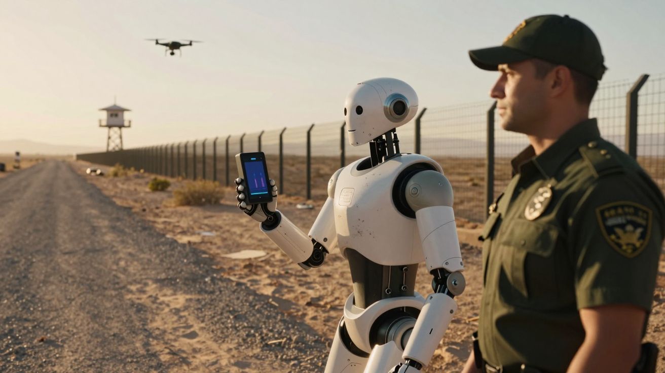 Ein Roboter zeigt einem Sicherheitsbeamten ein Handy an einem abgelegenen Wüstenzaun mit Wachturm und Drohne.