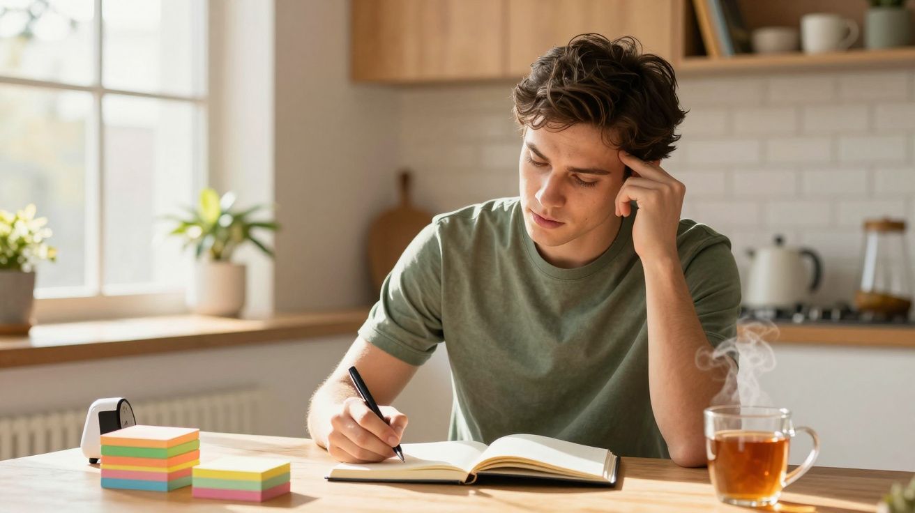 Junger Mann schreibt nachdenklich in ein Notizbuch in der Küche, mit Tee und bunten Haftnotizen auf dem Tisch.