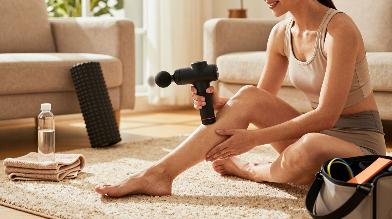 Frau nutzt Massagepistole für Beine im Wohnzimmer; umgeben von Handtuch, Wasserflasche, Blackroll und Tasche.