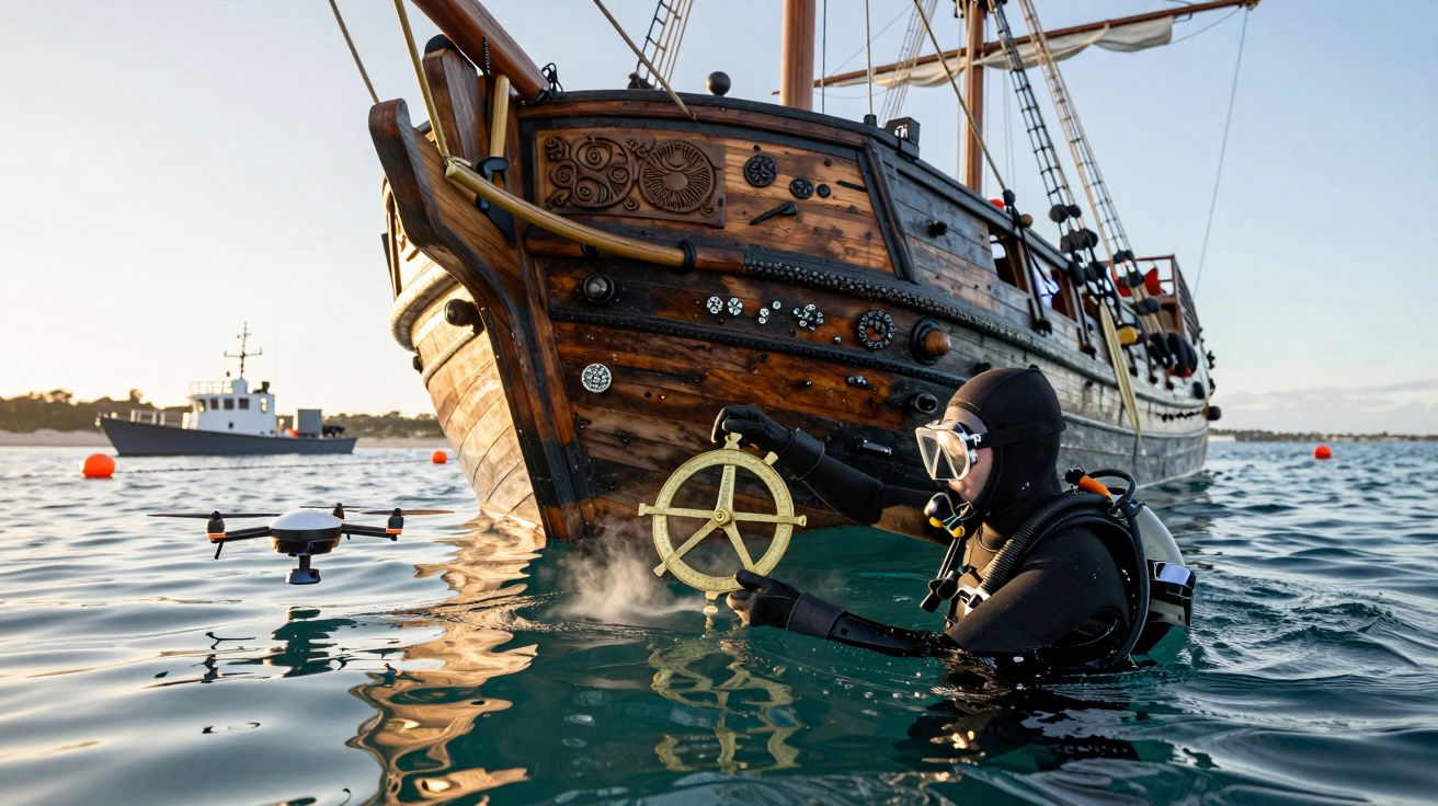 Taucher mit Holz-Steuerrad neben antikem Segelschiff im Wasser, Drohne in der Luft, Schiffe im Hintergrund.