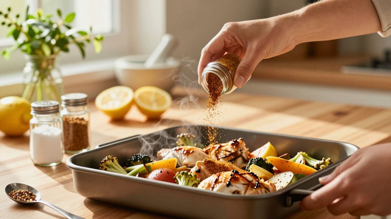 Hand würzt ein Ofengericht mit Gemüse und Hähnchen in einer Küche. Im Hintergrund Gewürze und Zitronen.