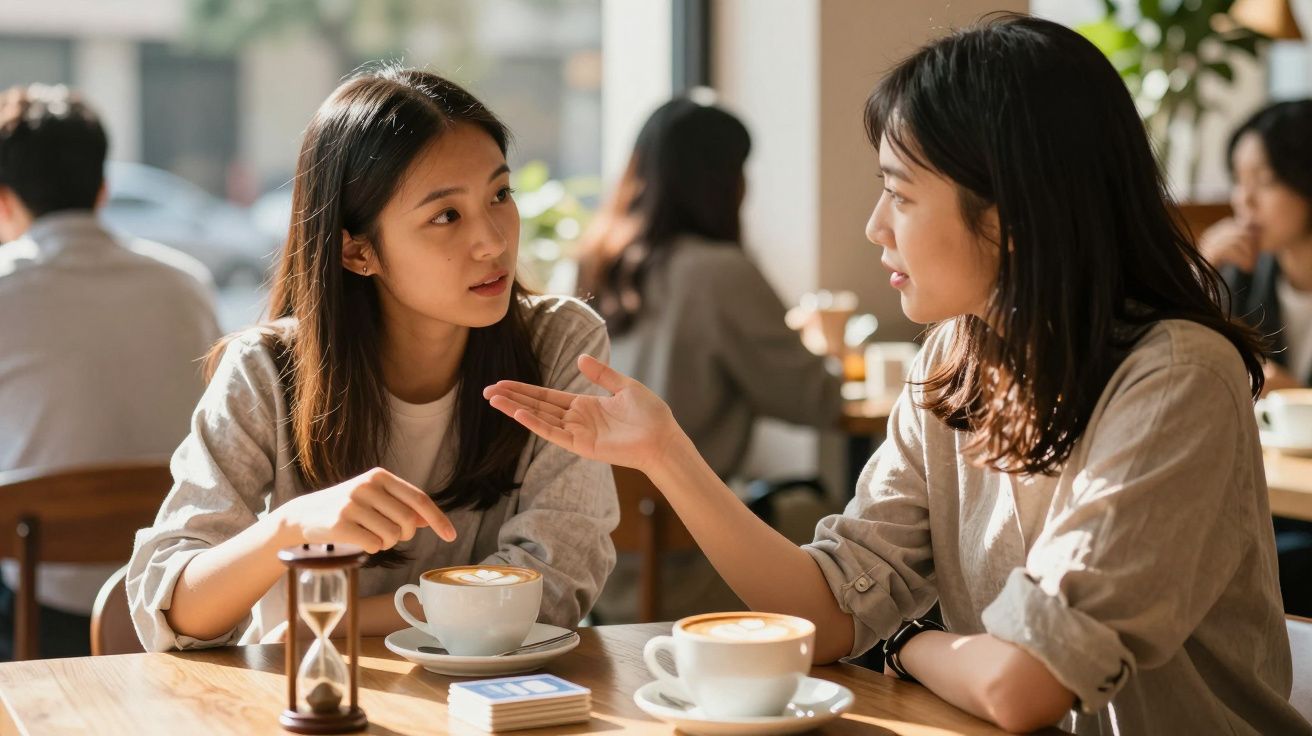 Zwei Frauen unterhalten sich in einem Café bei Kaffee, auf dem Tisch steht eine Sanduhr.