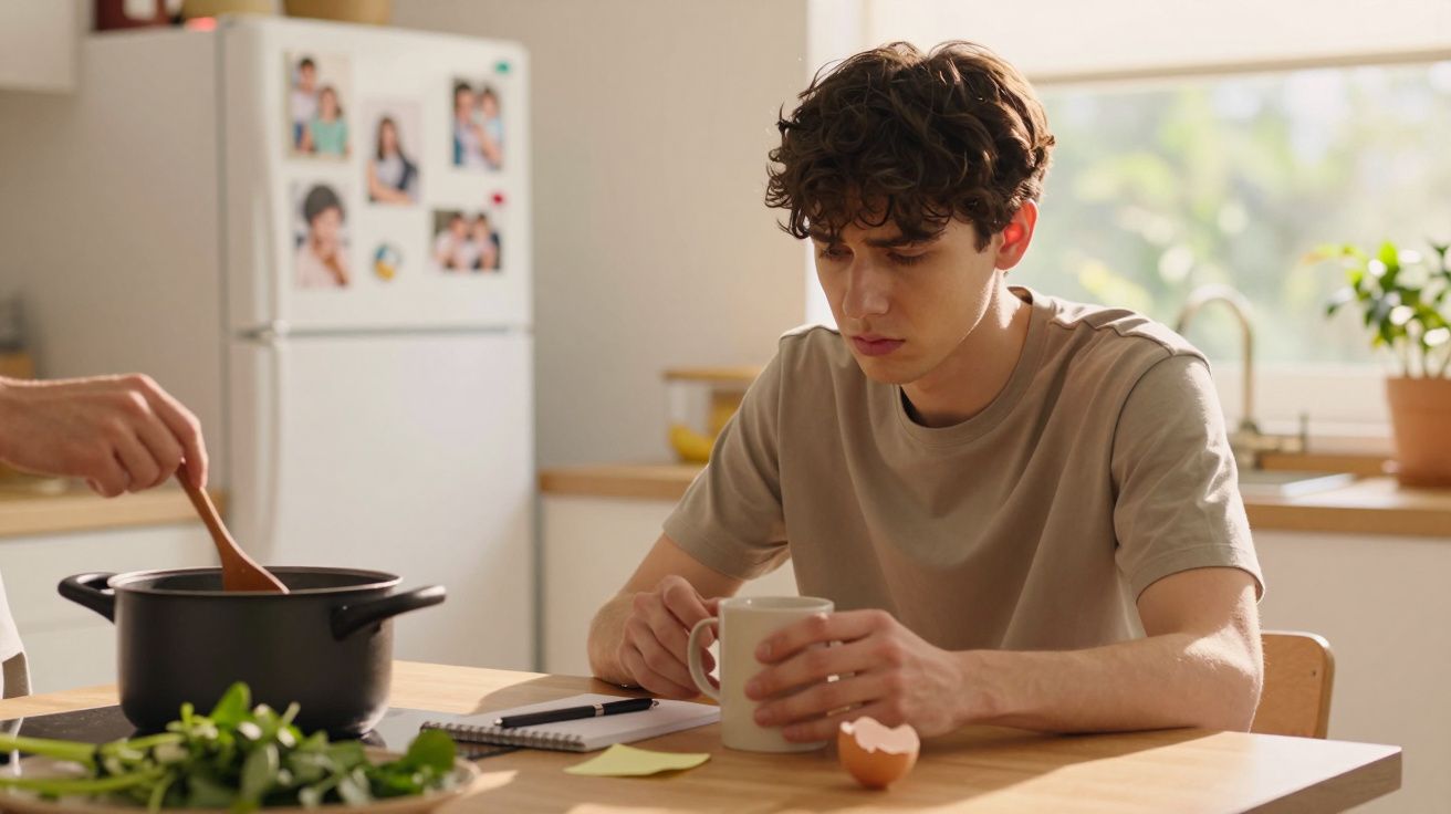 Ein Mann sitzt nachdenklich an einem Küchentisch mit einer Tasse, während neben ihm jemand in einem Topf rührt.