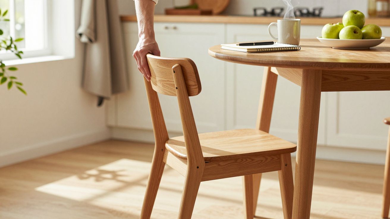 Holzstuhl und Tisch mit Tee und Äpfeln in heller Küche, Person berührt die Stuhllehne.