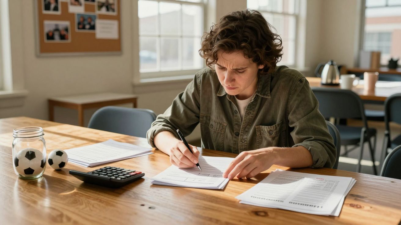 Person sitzt an einem Tisch und schreibt auf Papier. Auf dem Tisch liegen ein Taschenrechner und ein Glas mit Fußball-Motiv.