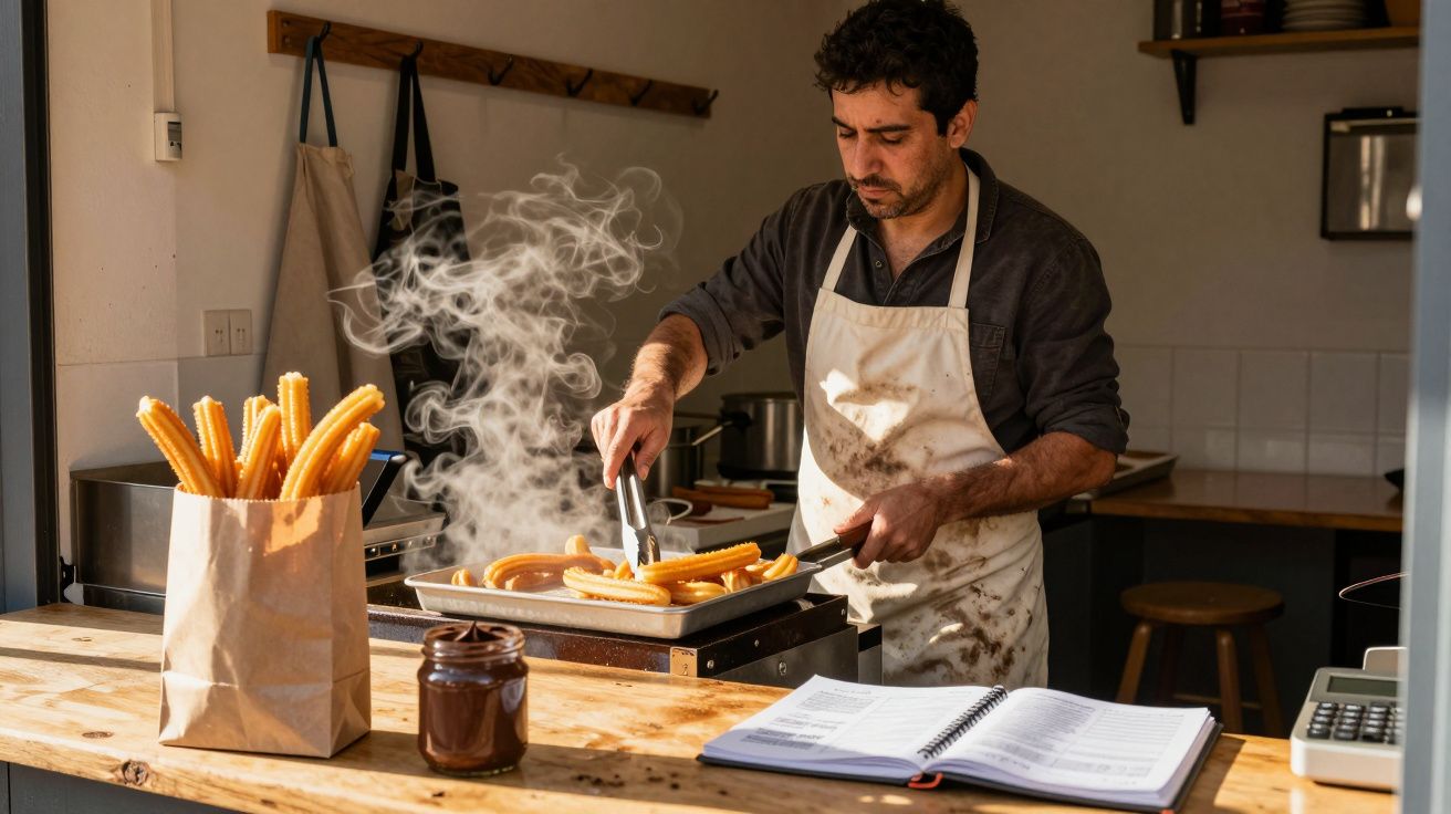 Ein Mann in Schürze brät Churros in der Küche, während Rauch aufsteigt; daneben eine Tüte Churros und ein offenes Buch.