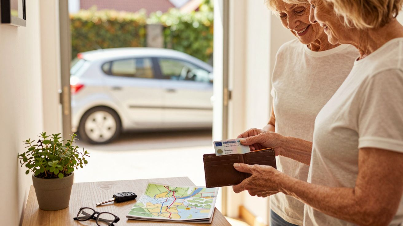 Zwei ältere Frauen betrachten eine Karte neben einem Tisch mit Autoschlüssel, Brille und Pflanze, verschwommenes Auto im Hint