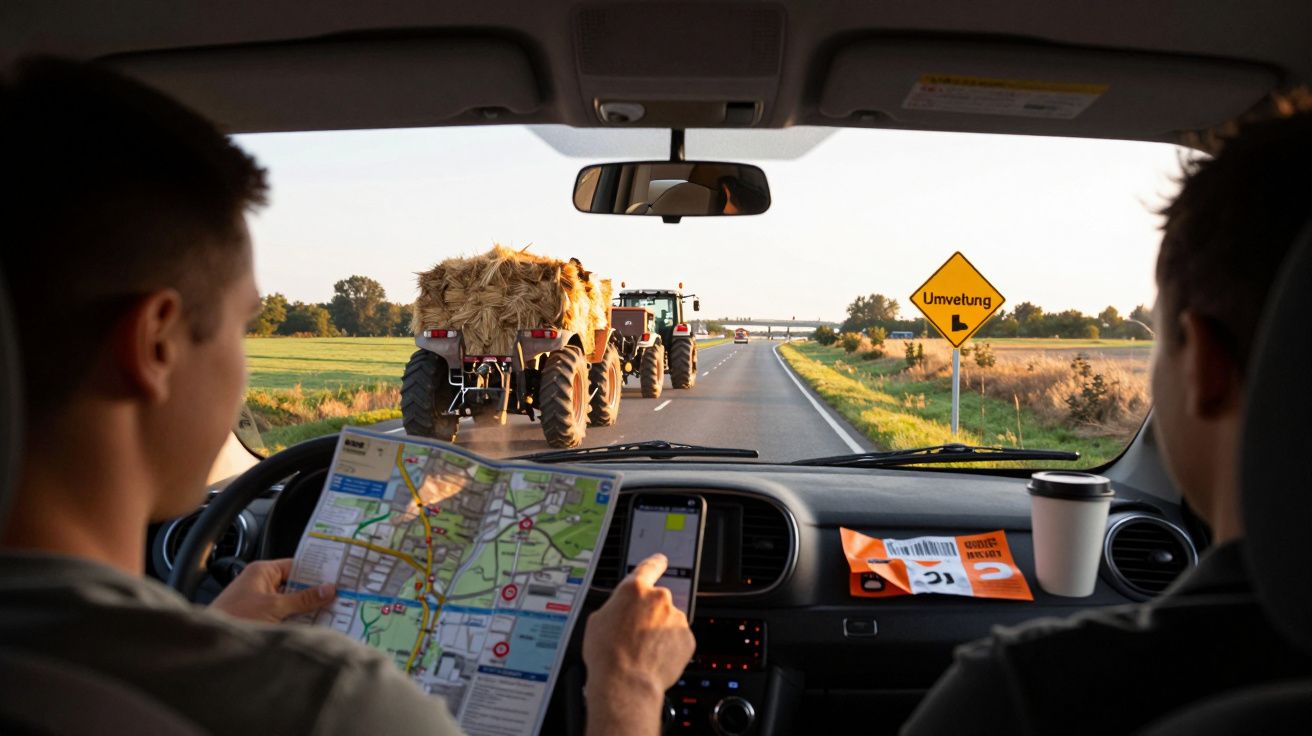 Blick aus einem Auto auf eine Landstraße mit Traktoren voraus. Zwei Männer, einer mit Karte, ein Umleitungsschild sichtbar.
