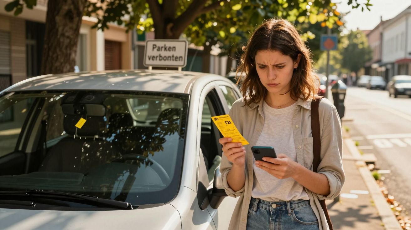 Junge Frau vor Auto mit Strafzettel, schaut auf Handy. Im Hintergrund Schild mit "Parken verboten".