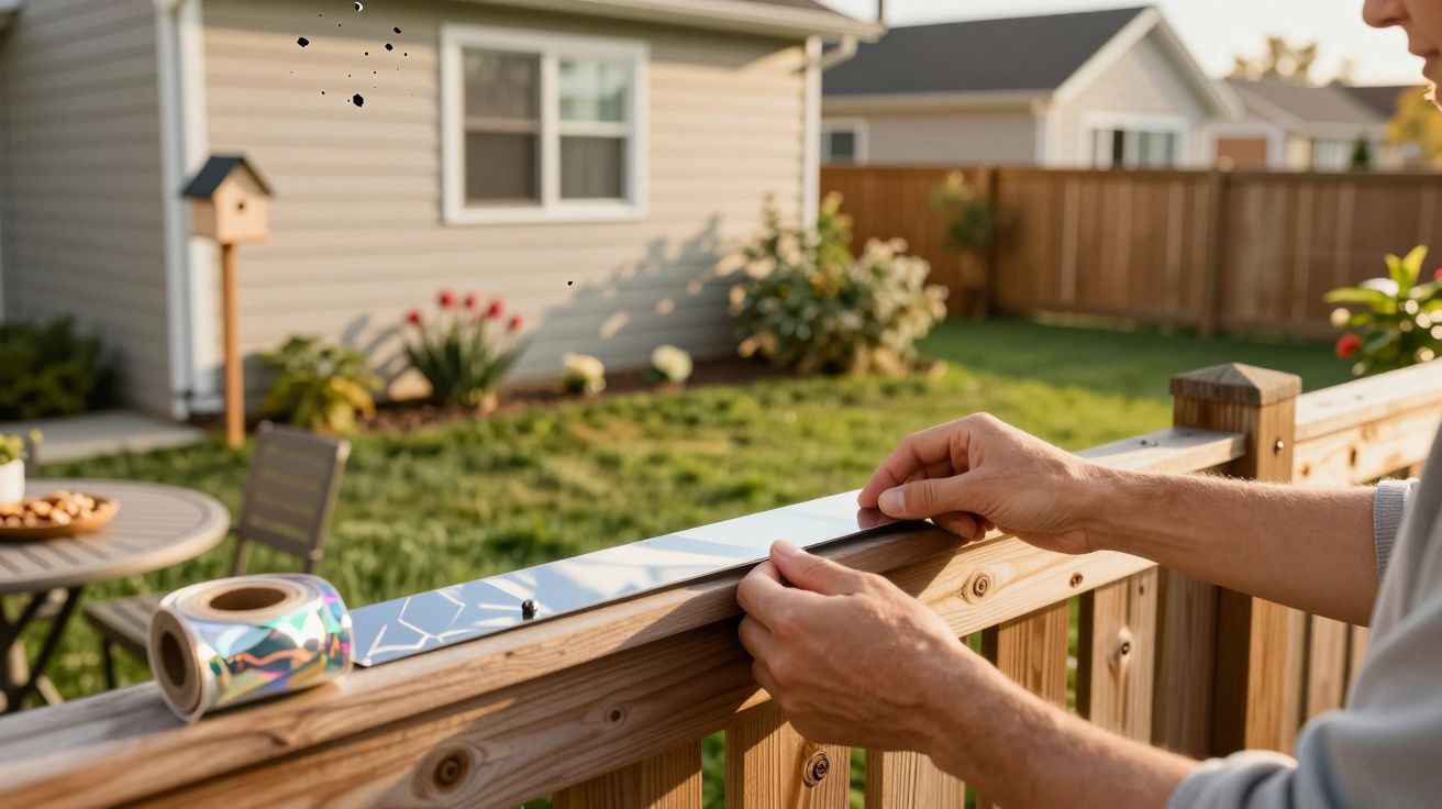 Person klebt reflektierendes Band auf Gartenzaun, im Hintergrund ein gepflegter Garten mit Blumen und Vogelhaus.
