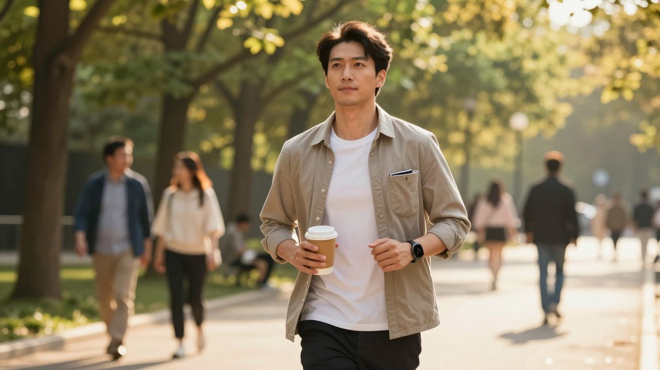 Mann spaziert mit Kaffeebecher in der Hand durch einen grünen Park am sonnigen Tag, andere Menschen im Hintergrund.