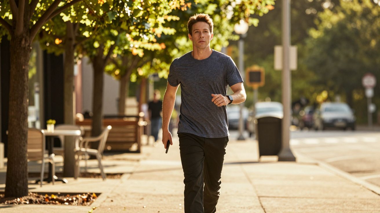 Mann joggt auf einem sonnigen Bürgersteig, umgeben von Bäumen und parkenden Autos.