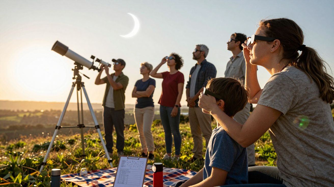 Personen beobachten die Sonnenfinsternis mit Teleskop und Schutzbrillen auf einer Wiese unter dem Halbmond.