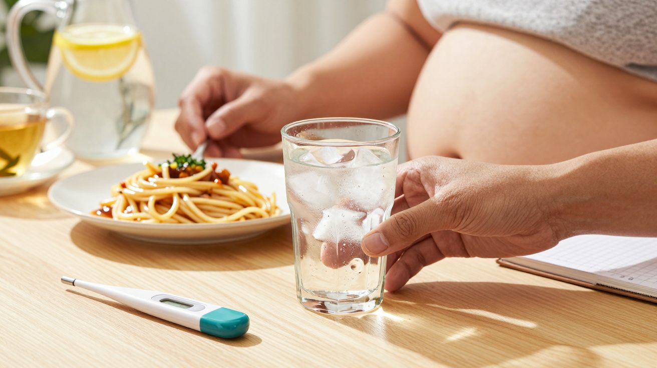 Schwangere Frau mit Spaghetti, Glas mit Eiswasser, Zitrone, Tee und Thermometer auf dem Tisch.
