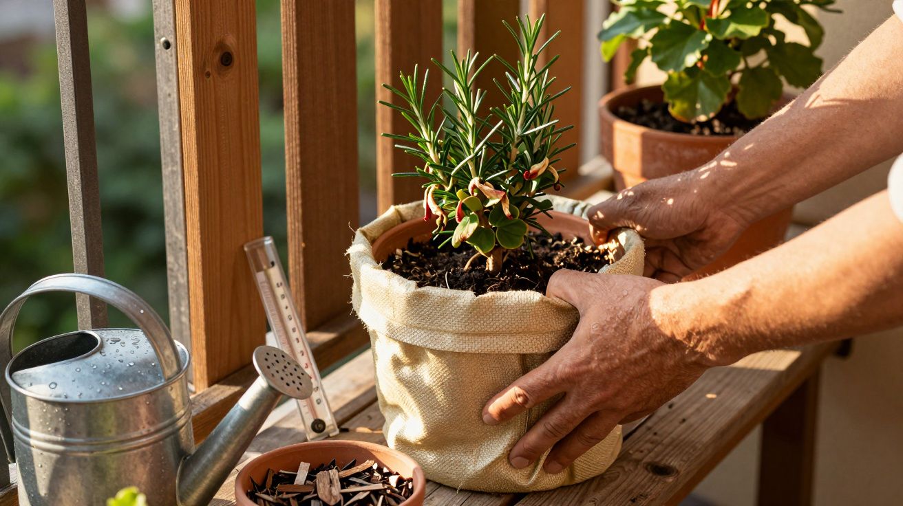 Hände platzieren Topf mit Pflanze auf Holzregal neben Gießkanne und Topf mit Pflanzenmaterialien.