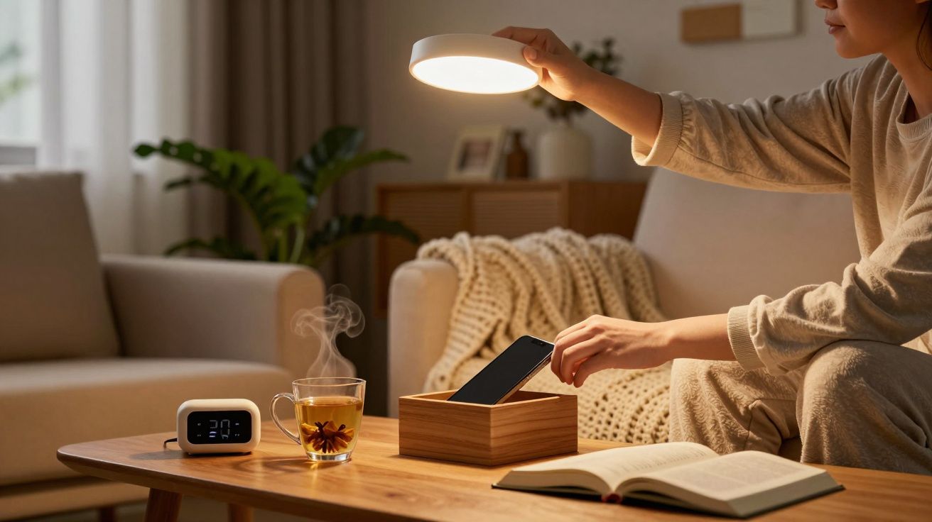 Person auf Sofa platziert Smartphone in Box, daneben Tee, Buch und Wecker auf Tisch, moderne Lampe strahlt warmes Licht aus.